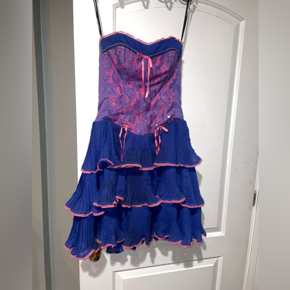 Y2K Vintage Betsey Johnson Strapless Corset Ruffle Pink Blue Lace Cupcake Mini 💘 - Picture 12 of 15